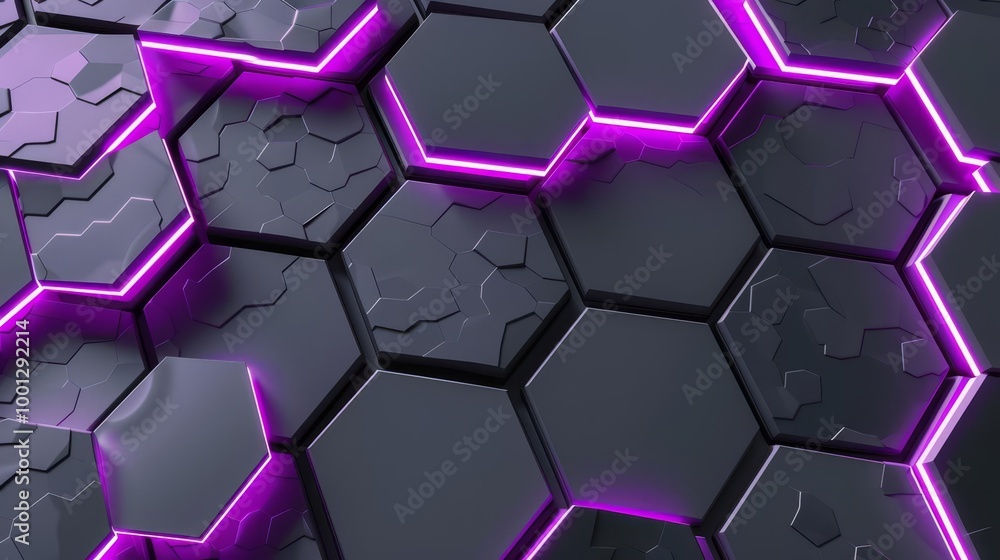 Poster abstract background with black hexagonal shapes and neon pink glowing lines.
