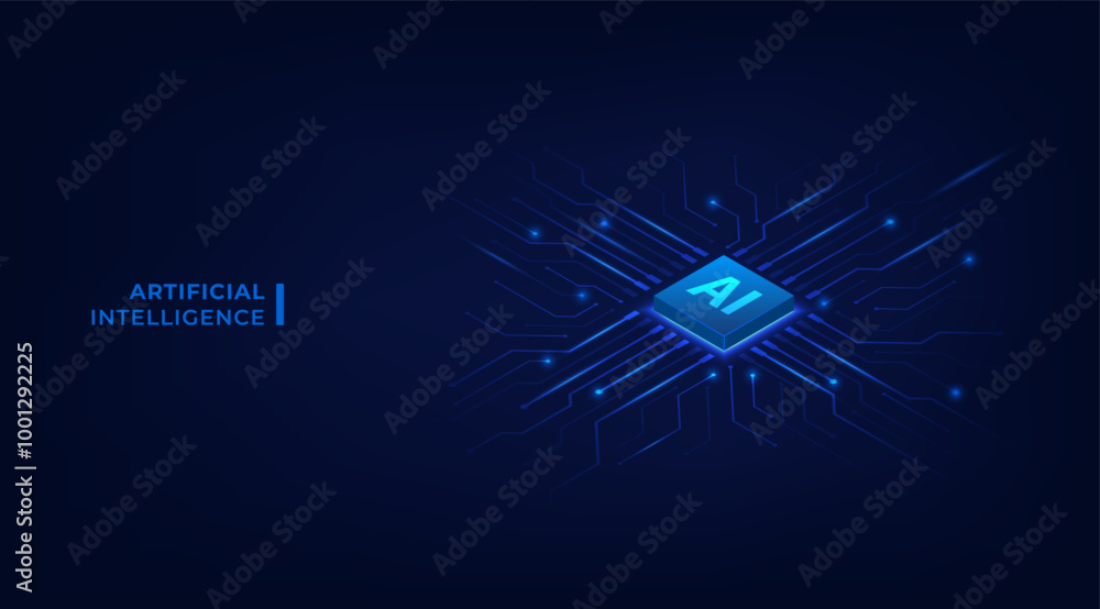 Aufkleber 3D Isometric AI chip on circuit tech board. Artificial Intelligence and Machine Learning Technology. CPU processor and semiconductor. Vector illustration