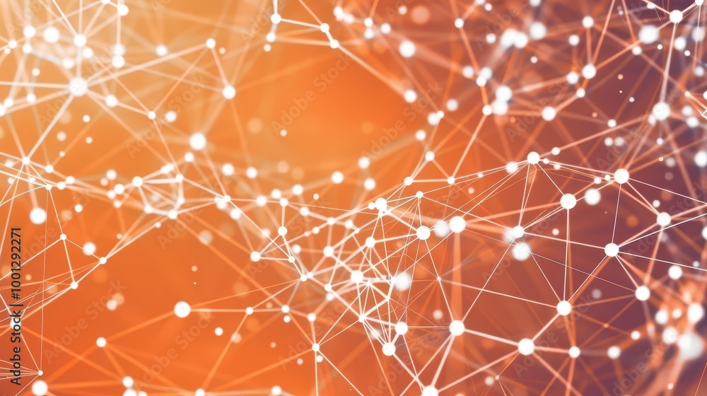 Poster abstract orange background with white glowing lines and dots, forming a network or connection.