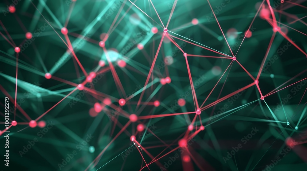 Aufkleber abstract digital network with glowing red lines and dots on a green background.