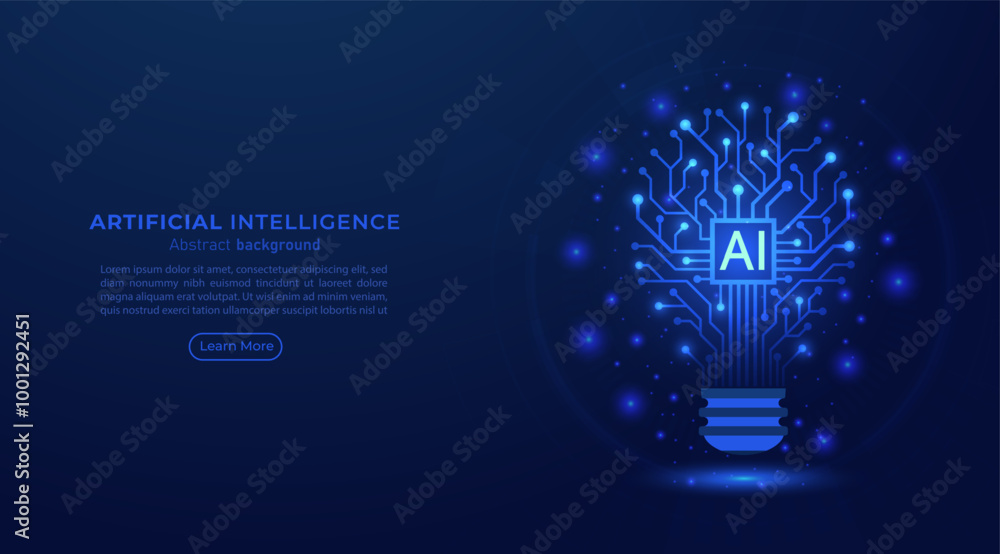 Poster Circuit board light bulb with AI chip on blue background. Idea and innovation by AI. Artificial intelligence and Machine learning technology concept. Vector Illustration.