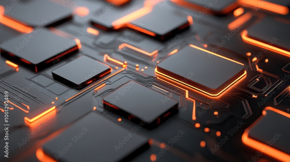 Poster close-up view of a modern circuit board with glowing orange lines and sleek black components on a hi