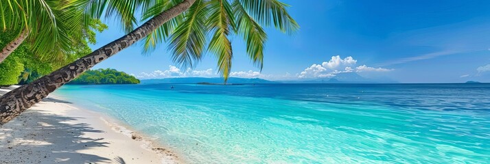 Naklejka premium A tropical beach with palm trees and turquoise water, highlights a summer getaway, with copy space