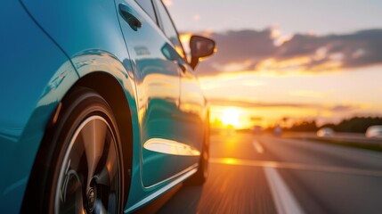 Blue car driving on highway at sunset