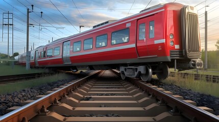 Fototapeta premium Red Passenger Train On Railway Tracks Under Blue Sky