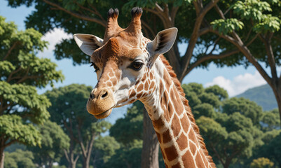 Fototapeta premium A giraffe stands tall in a green forest, its head tilted as it looks towards the camera