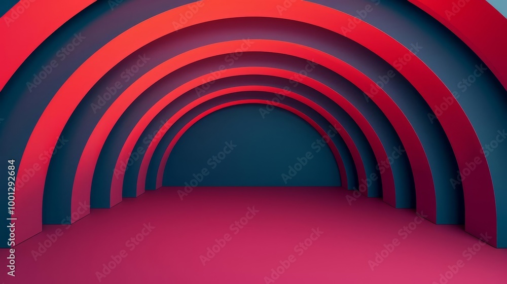 Poster abstract 3d rendering of an arched tunnel with red and blue colors.