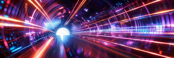 Obraz premium Abstract colorful tunnel with neon lights and glowing lines.