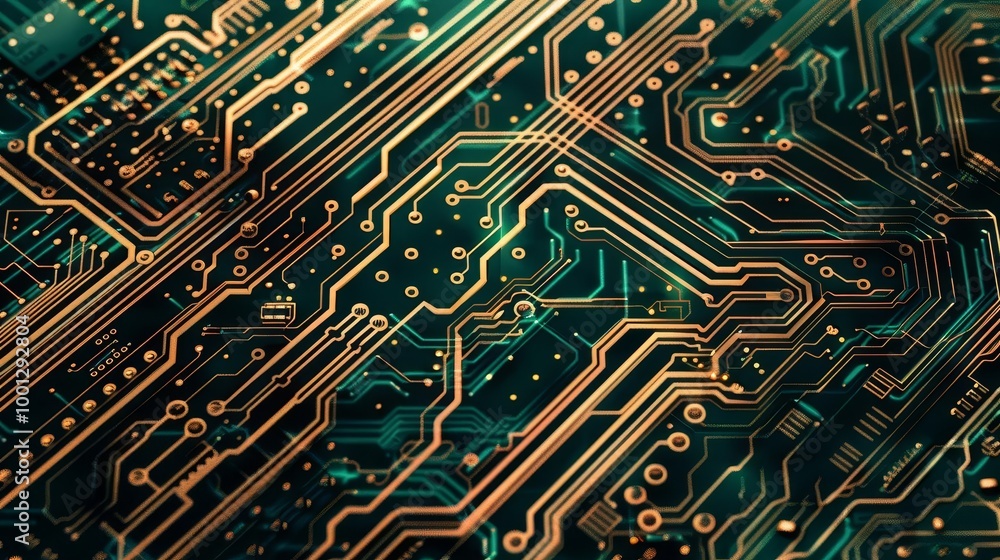 Poster close-up of a circuit board with intricate copper tracks and components.