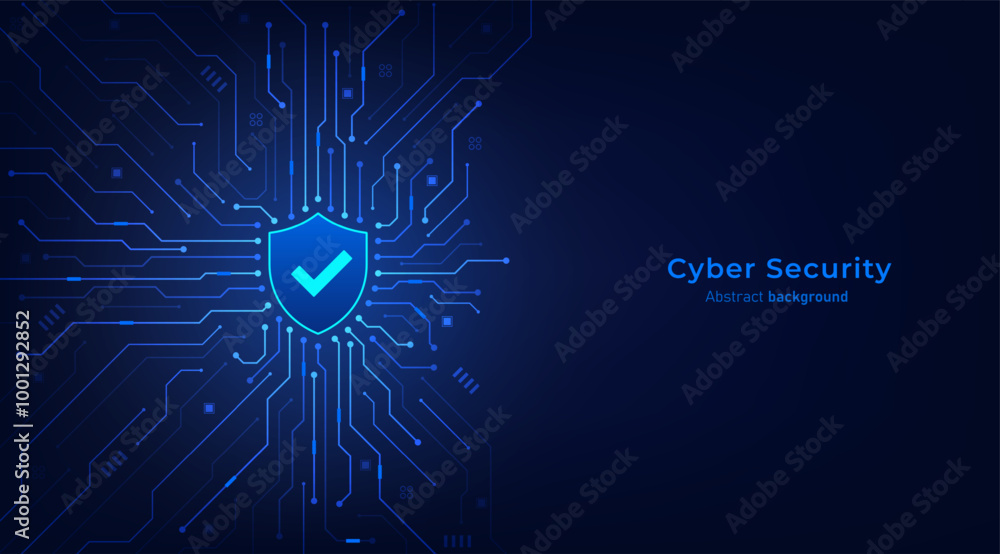 Poster Shield on circuit board. Secure system and network protection technology concept. Cyber security technology futuristic background. Vector illustration design for banner and template.