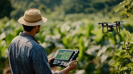 Farmer Utilizing Drone Controller for Precision Crop Monitoring and Analytics