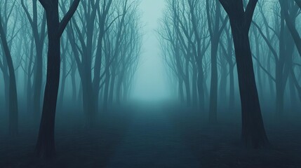 Misty forest path, faint glow, ambient mystery, 3D illustration