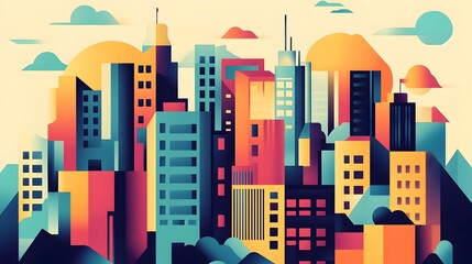 Vibrant Cityscape in Bright Hues Depicting Modern Architectural Design and Urban Development