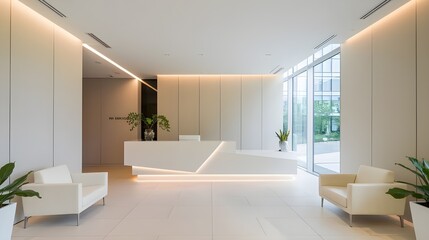Modern Minimalist Office Lobby Interior Design with White Reception Desk and Seating
