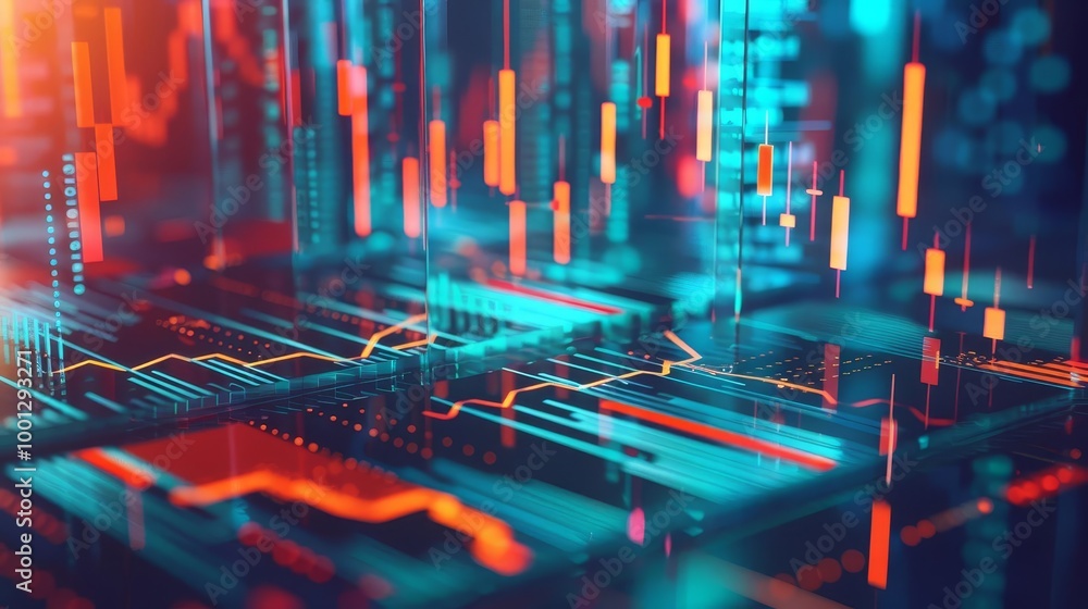 Poster abstract digital background with financial data and charts.