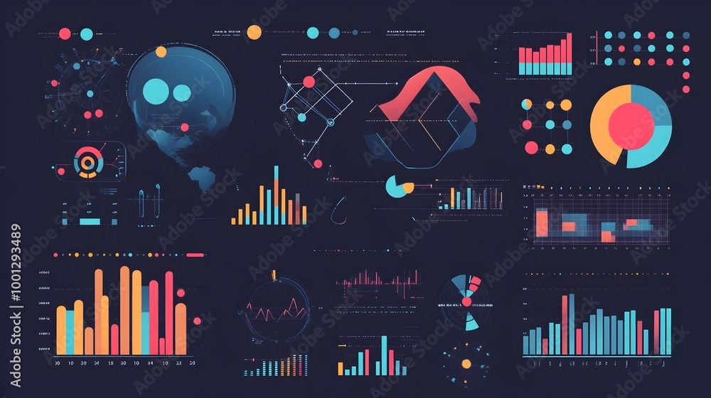 Poster digital data analytics dashboard with various charts and graphs