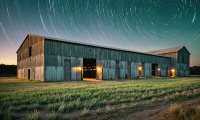 A large, weathered barn stands illuminated under a swirling night sky, with light streaming from open doors