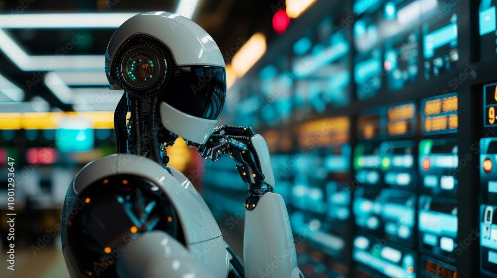 Poster a humanoid robot stands in a server room, looking at the displays with a thoughtful expression.