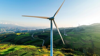 Wind turbine farm on a green hillside with blue sky.