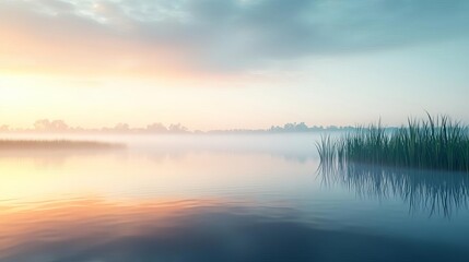 River delta, morning fog, tranquil reflections, 3D illustration