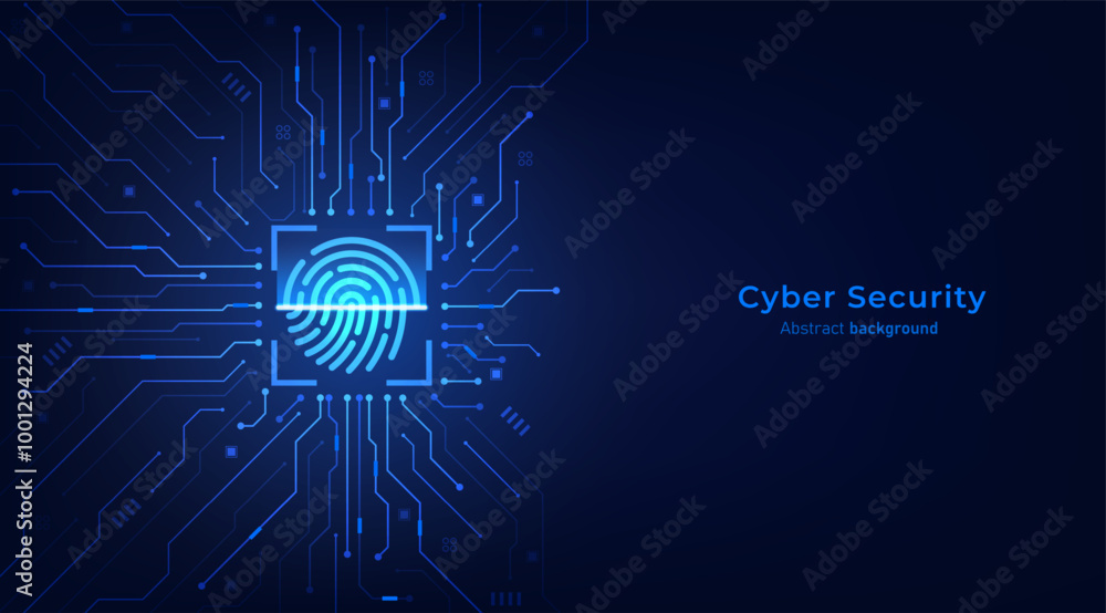 Poster Fingerprint scanning on circuit board. Privacy secure system and network protection technology. Cyber security technology futuristic background. Vector illustration design for banner and template.