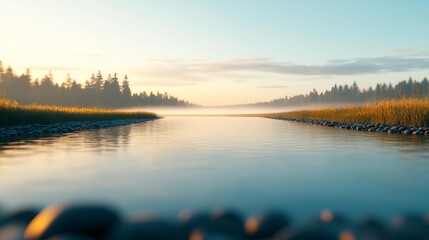 Fototapeta premium Riverbed, fog flowing, tranquil morning, 3D illustration