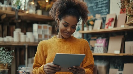 Woman Using Tablet at Home in Cozy Setting