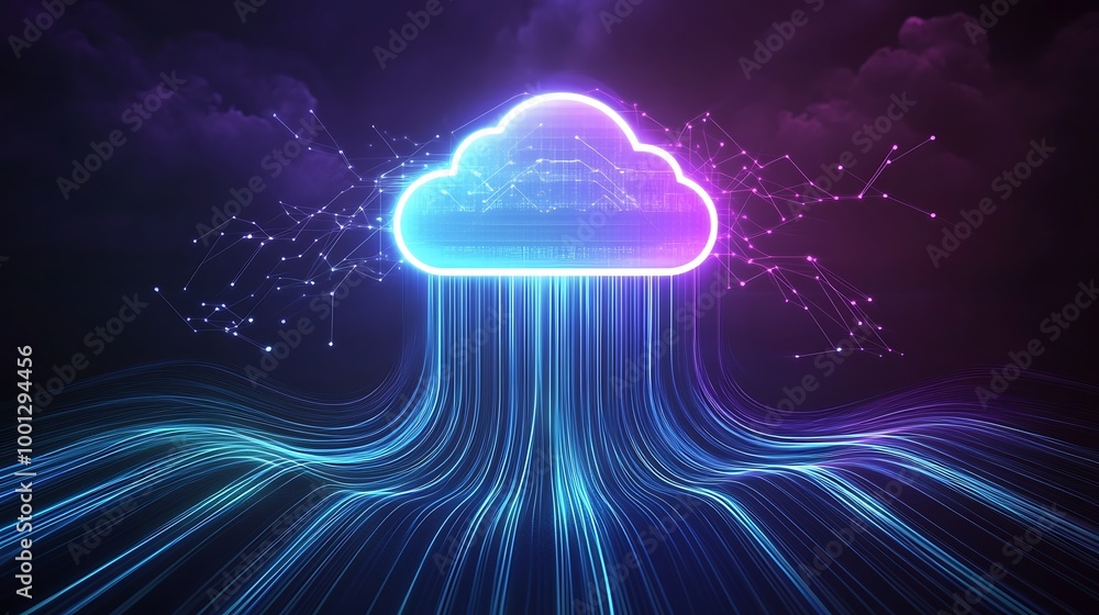 Poster A glowing neon cloud symbol with lines of light extending downwards, representing data transfer and connectivity.