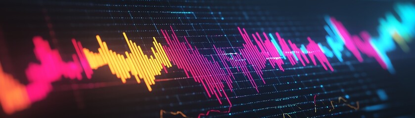 Colorful audio waveforms on dark background for music, sound and audio visualizations.