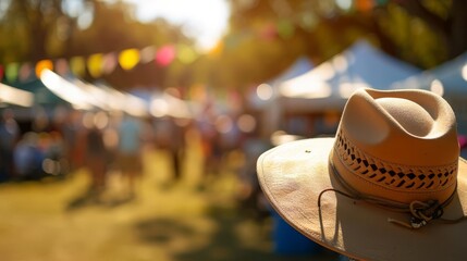 Close up of a cowboy hat with a festival in the background.
