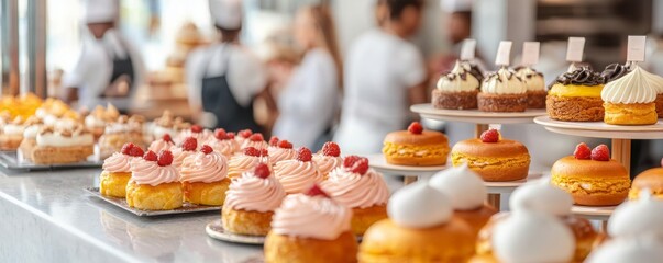 Fototapeta premium Delicious assortment of freshly baked desserts displayed on elegant plates in a vibrant bakery setting, tempting every sweet lover.