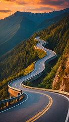  Mountain road at sunset.  curved road background