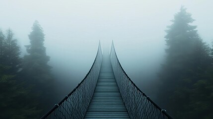 Obraz premium Suspended bridge, enveloped in fog, eerie setting, 3D illustration