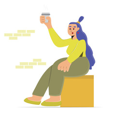 Illustration vector design of woman's sitting down while holding a glass of coffee