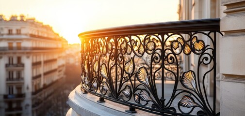 Elegant balcony railing in front of a beautiful sunset, capturing the essence of urban architecture and idyllic moments.