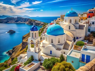 Vibrant Greek island village scene with whitewashed houses, blue-domed churches, and turquoise ocean, evoking a sense