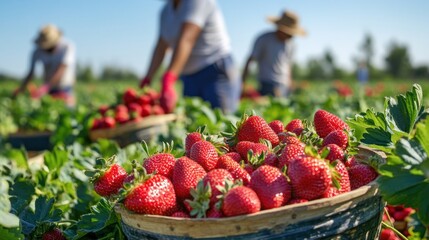 Workers harvesting strawberries in a sunny field, with baskets filled with ripe fruit.
