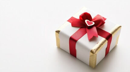 Obraz premium Elegant white and gold Valentine present with a red ribbon and heart, isolated on a clean white background.