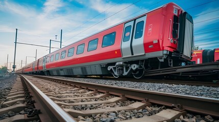 Fototapeta premium Modern Red Train on Railway Tracks Transportation Travel Public Transit