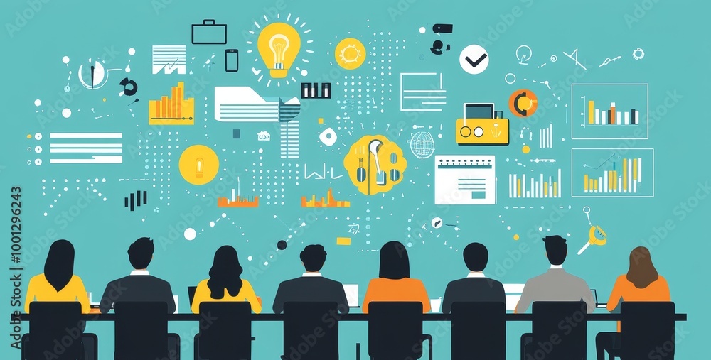 Poster a group of people is engaged in a meeting, with various data visualizations and icons displayed in t