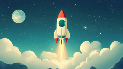Cartoon rocket go fly up launch. Space galaxy adventure travel landscape view. cartoons. Illustrations
