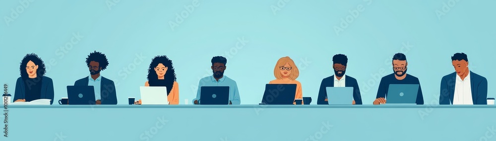 Poster a diverse group of professionals working at a long table with laptops, contributing to a collaborati