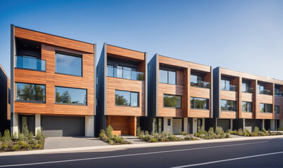 A row of modern townhouses with wood siding and large windows on a sunny day