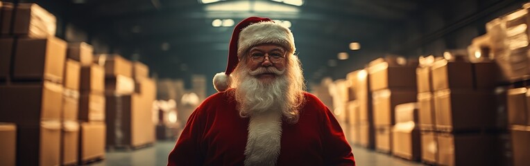 Santa Claus walking through industrial building during holiday delivery