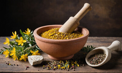 A mortar and pestle filled with dried herbs sit on a wooden table alongside fresh flowers and a small scoop of seeds