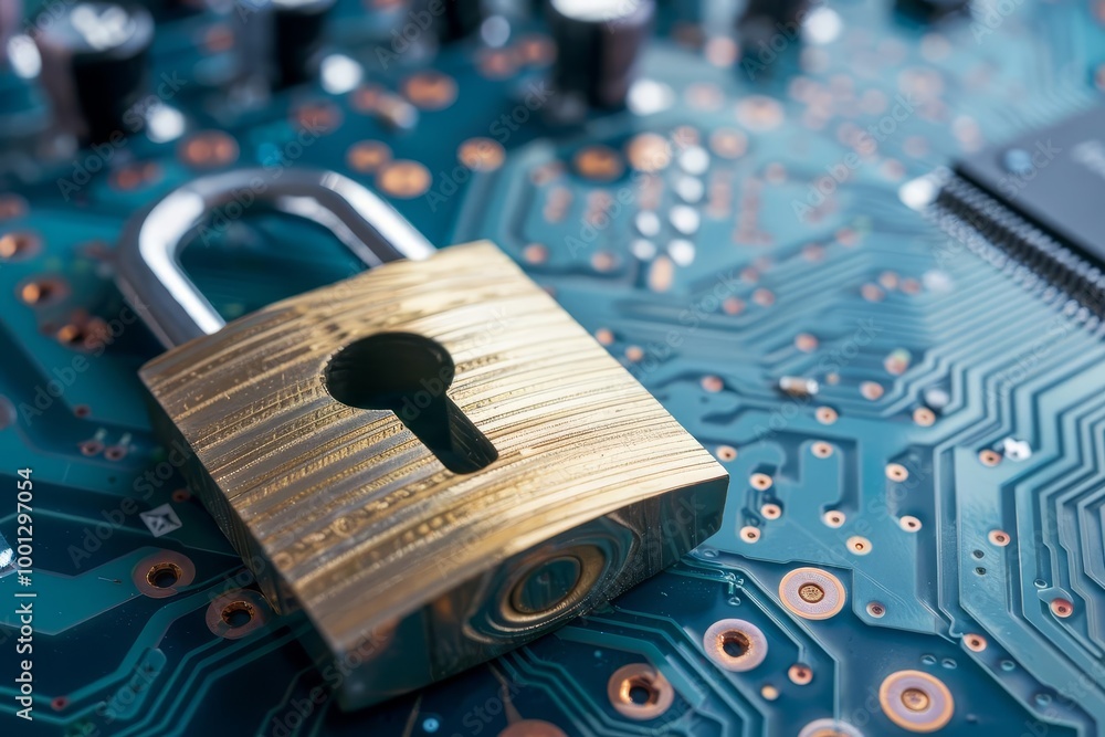 Poster padlock on a circuit board, symbolizing data security.