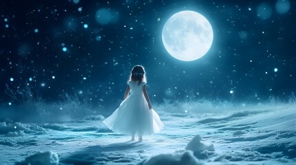 Ethereal Woman Floating in Mystical Moonlit Nightscape