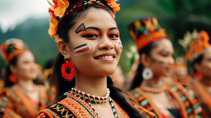 Fototapeta premium Smiling woman in traditional Indonesian costume with flower crown and face paint.