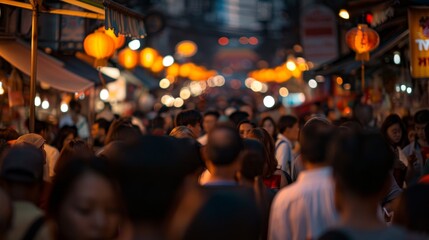 Cultural vibes on Yaowarat, Thailand night market road, bustling crowd, open space