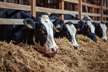 Dairy cows feeding in a stable, illustrating healthy livestock farming practices